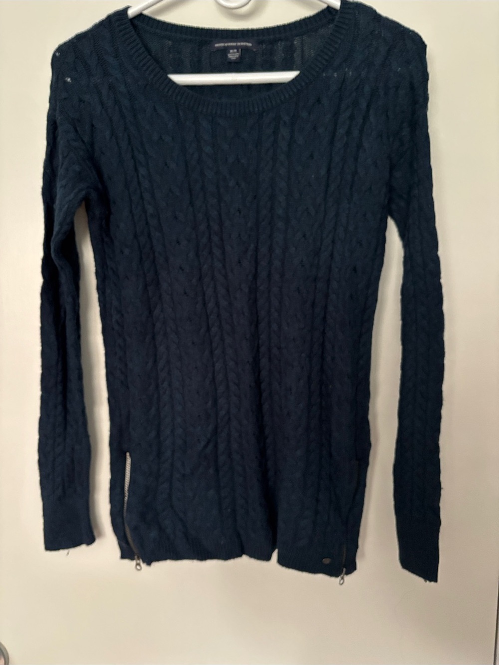 American Eagle Outfitters Navy Cable-Knit Crewneck Sweater with Side Zips